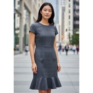 Banana Republic Gray Windowpane Plaid Flounce Hem Sheath Dress Wool 6 Career